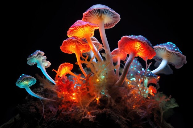 Mycelium grzybów w kolorach neonowych Fantastyczne grzyby na czarnym tle