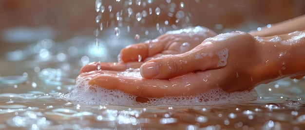 Mycie rąk w bieżącej wodzie z bąbelkami mydła czyste i świeże Koncepcja higieny rąk Bąbelki mydła Świeżość Czyste ręce Woda bieżąca