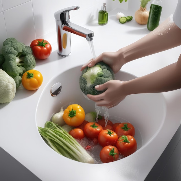 Zdjęcie mycie warzyw w białym zlewie na białym tle