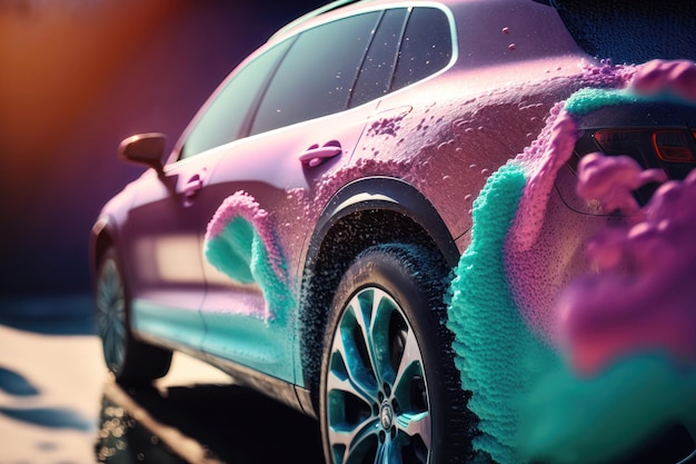 Myjnia samochodowa z kolorową pianką wygenerowaną przez sztuczną inteligencję