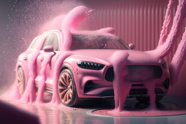 Myjnia samochodowa z różową pianką wygenerowaną przez sztuczną inteligencję