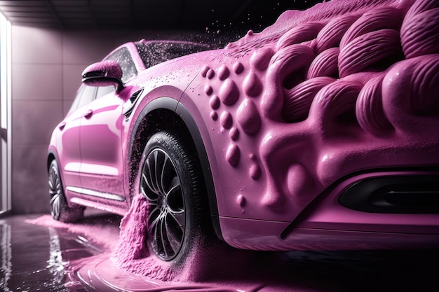 Zdjęcie myjnia samochodowa z różową pianką wygenerowaną przez sztuczną inteligencję