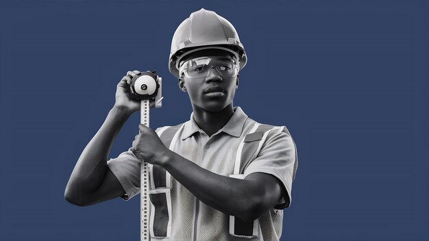 Myśląc o trzymaniu taśmy miarowej młody afroamerykański budowniczy w mundurze trzyma izolowany na Blue Ba