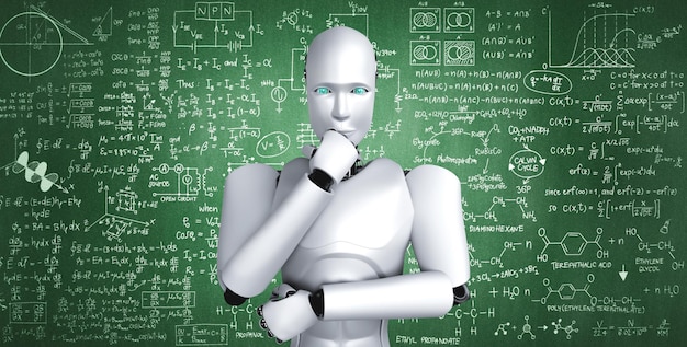 Myślący humanoidalny robot AI analizujący ekran formuły matematycznej i nauki