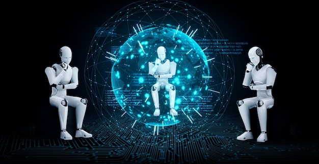 Myślący Humanoidalny Robot Ai Analizujący Ekran Hologramu Pokazuje Koncepcję Sieci