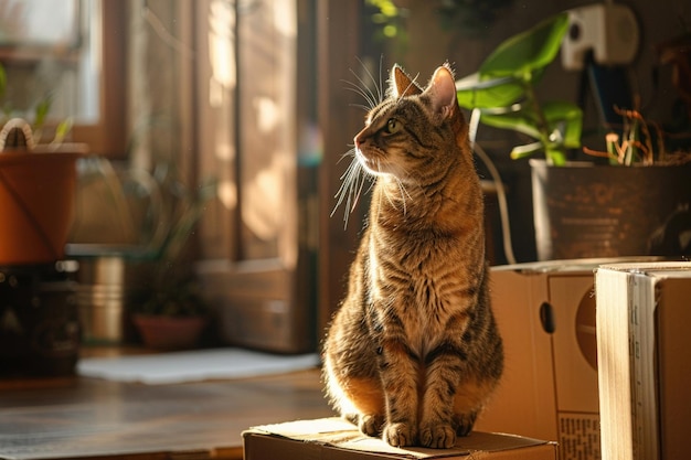 Myślący kot siedzi obok kartonowych pudełek w nowym domu