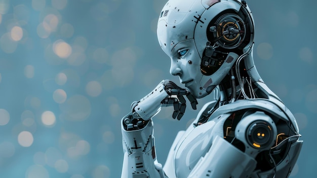 Myślny robot z zaawansowaną mechaniką w niebieskim środowisku Koncepcja futurystycznej technologii i inteligentnych maszyn