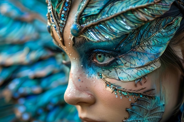 Mystic Blue Feathered Masquerade Makeup na kobiecej twarzy z artystycznymi szczegółami