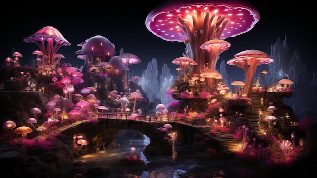 Mystic Luminescent Village Magical Mushroom Abides Amidst Ethereal Pinktinged Enchanted Forest