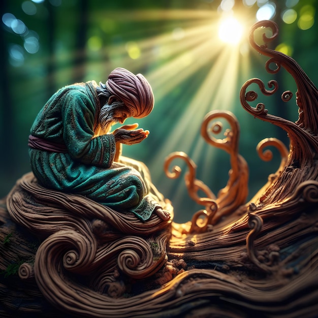 Zdjęcie mystic sage sufi mystic medytując na drzewie z futurystycznymi elementami