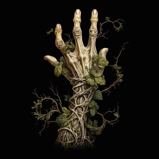 Zdjęcie mystical elegance vintage bone hand w opakowaniu z kręconymi winoroślami i mchem