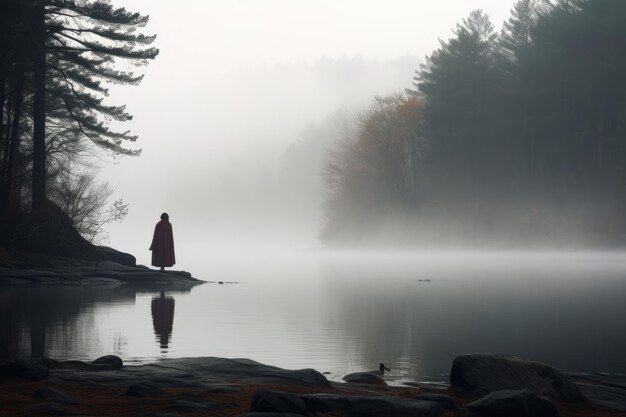 Zdjęcie mystical monk mgła jezioro generate ai