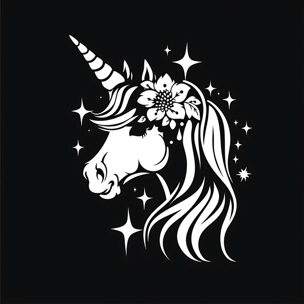 Mystical Unicorn Mascot Logo z koroną kwiatową i SparkleSimple Tattoo Ink Design Outline Art