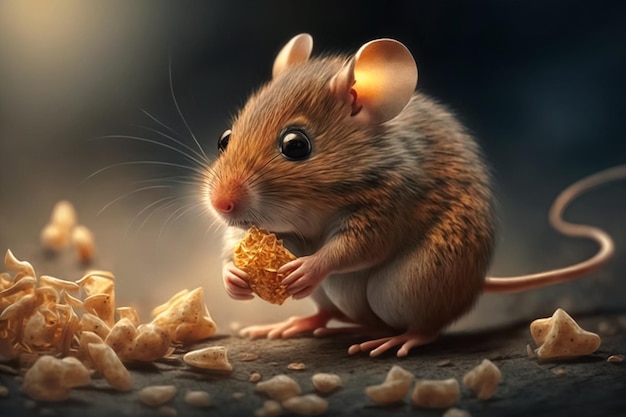 Mysz jedząca orzeszki ziemne na ciemnym tle