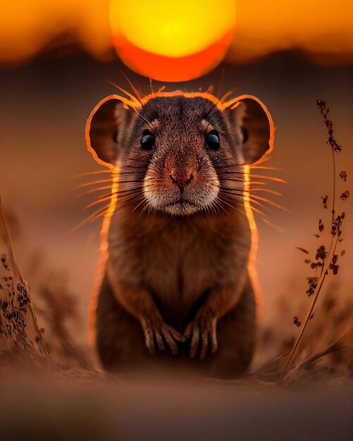 Mysz na polu z zachodzącym za nią słońcem