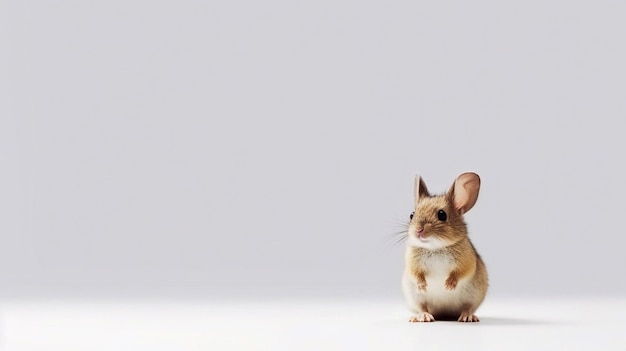 Mysz siedzi na białej powierzchni z pustą przestrzenią w tle.