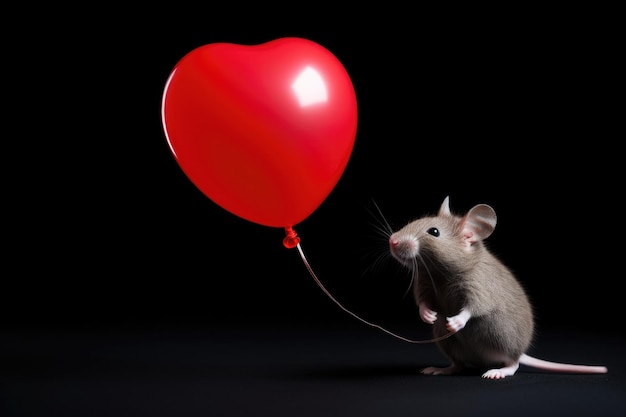 Mysz trzyma czerwony balon w kształcie serca na czarnym tle Kartkę z życzeniami na Walentynki