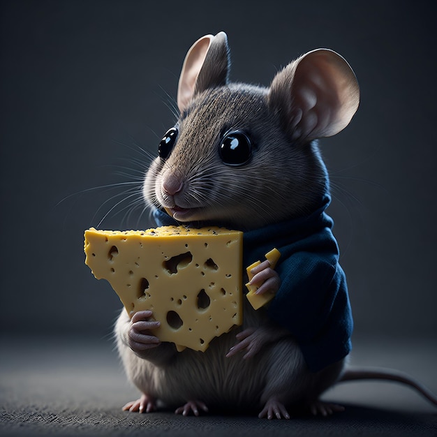 Mysz w swetrze trzyma kawałek sera na ciemnym tle.