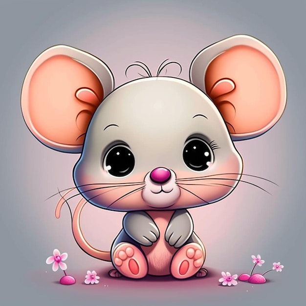 mysz z dużymi uszami siedząca na ziemi z kwiatami