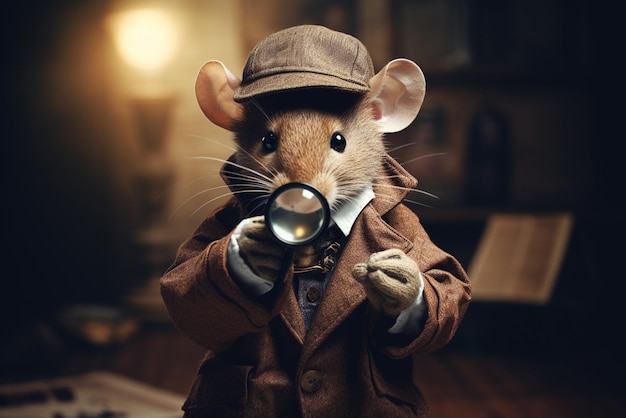 Zdjęcie mysz z szkłem powiększającym ubrana jako detektyw