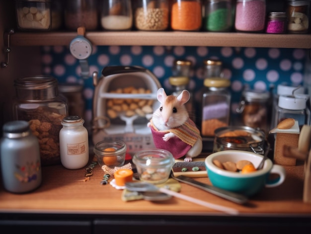 Mysz-zabawka w swetrze stojąca na kuchennym blacie Obraz Generative AI