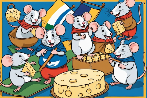 myszy jedzące ser na ilustracji komiksowej na imprezie