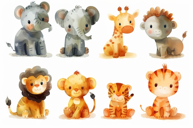 Na akwarelach Safari Animals Baby przedstawiono słonia, lwa, żyrafę, tygrysa, zebrę i małpę