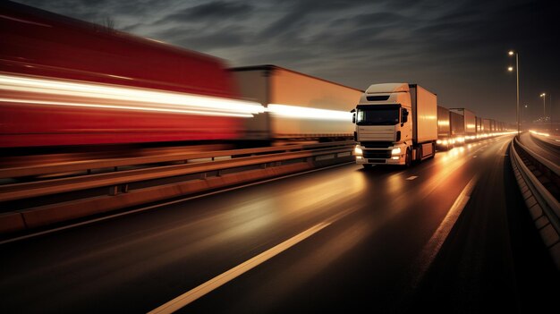 Zdjęcie na autostradzie pod osłoną nocy przejeżdża mnóstwo ciężarówek.