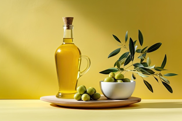 Na białym cokole na jasnozielonym tle gałązka oliwna i butelka oliwy z oliwek z pierwszego tłoczenia są wystawione Jedzenie odpowiednie dla diety śródziemnomorskiej