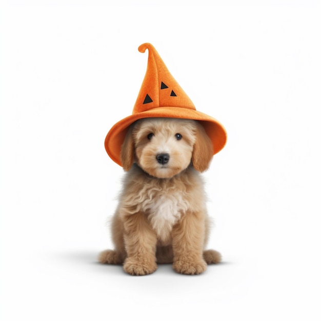 na białym tle generatywna ai jest mały pies w kapeluszu halloweenowym
