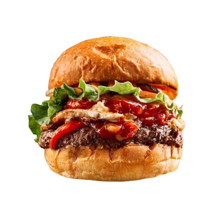 Zdjęcie na białym tle grillowany amerykański burger z keczupem