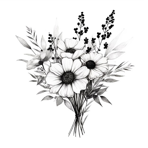 Na białym tle jest rysunek bukietu kwiatów.