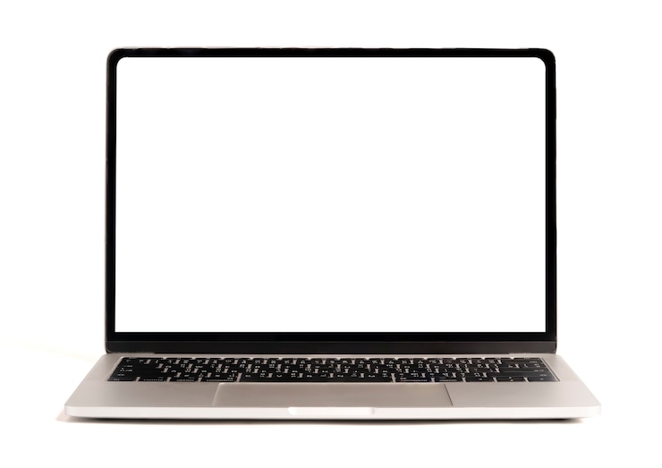 Zdjęcie na białym tle laptopa z białym ekranem do makiety na białym tle i ścieżkę przycinającą.
