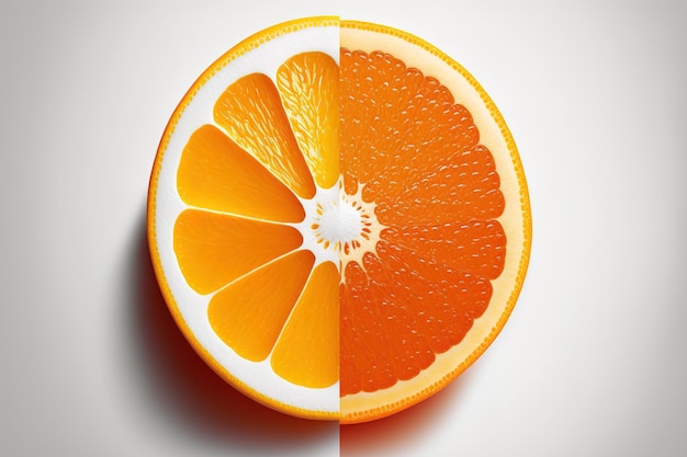 Na białym tle przedstawiona jest pomarańcza z połową pomarańczy