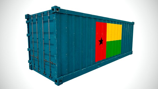 Na białym tle renderowania 3d wysyłka kontener ładunku morskiego teksturowanej z flagą narodową Gwinei Bissau