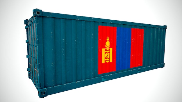 Na białym tle renderowania 3d wysyłka kontener ładunku morskiego teksturowanej z flagą narodową Mongolii