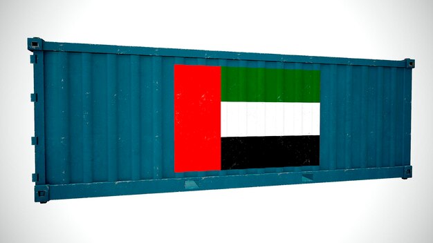 Na białym tle renderowania 3d wysyłka kontener ładunku morskiego teksturowanej z flagą narodową Zjednoczonych Emiratów Arabskich