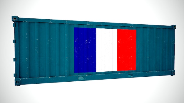 Na białym tle renderowania 3d wysyłka kontenera morskiego z teksturą z flagą narodową Francji