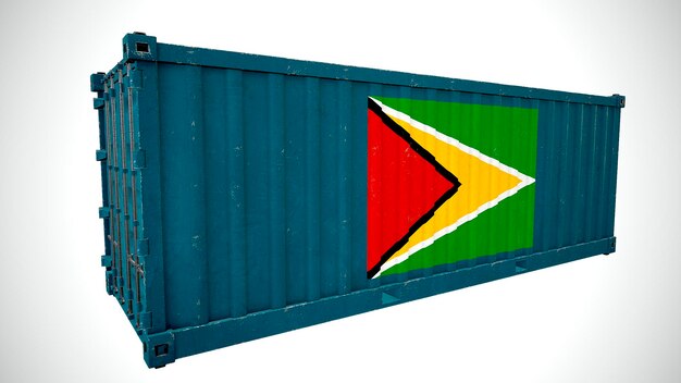 Na białym tle renderowania 3d wysyłka kontenera morskiego z teksturą z flagą narodową Gujany