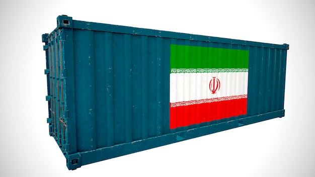 Na białym tle renderowania 3d wysyłka kontenera morskiego z teksturą z flagą narodową Iranu