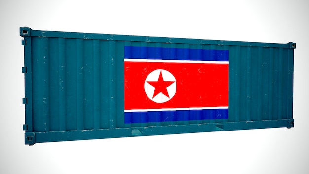 Na białym tle renderowania 3d wysyłka kontenera morskiego z teksturą z flagą narodową Korei Północnej