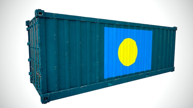 Na białym tle renderowania 3d żeglugi morskiej kontenera teksturowanego z flagą narodową Palau