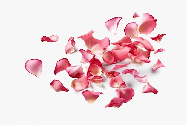 Zdjęcie na białym tle rozproszone płatki róż doskonale nadają się do drukowanych prezentacji reklamowych i formularzy