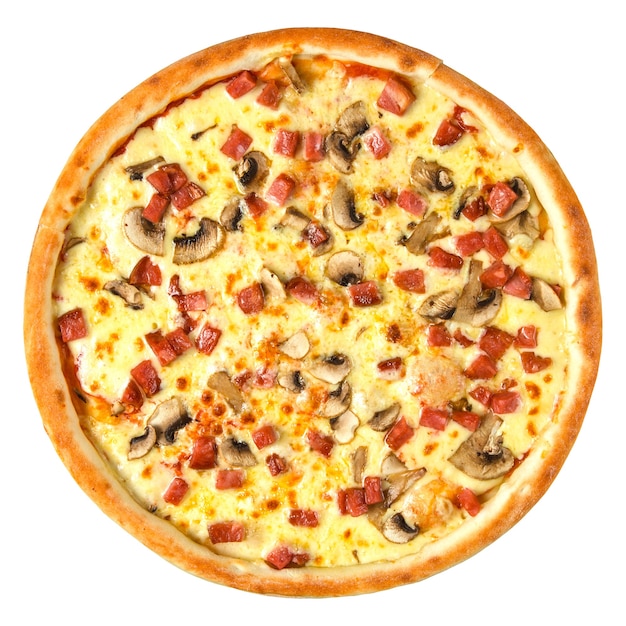 Na białym tle świeża pieczona pizza z szynką i pieczarkami na białym tle