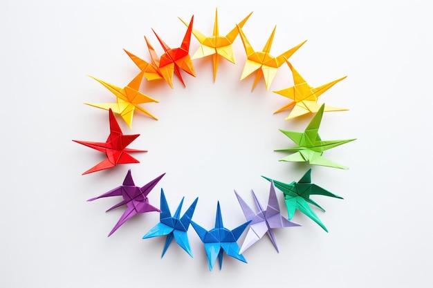 Zdjęcie na białym tle w kółko ułożone żurawie origami w kolorze tęczy