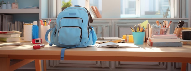 Na biurku w klasie jest niebieski plecak szkolny przypominający, że nadszedł czas powrotu do szkoły.