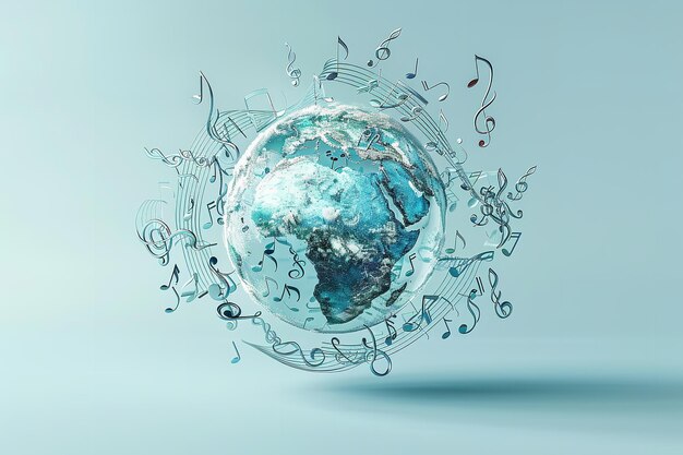 Zdjęcie na blado niebieskim tle glob ziemski z rytmicznymi nutami unosi się nad planetą uroczy sztandar dla muzycznych pojęć i przestrzeni generatywna sztuczna inteligencja