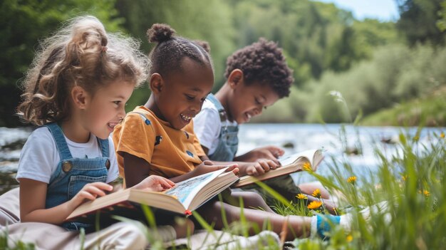 Na brzegu rzeki dzieci zagubione w książkach tworzą spokojną przystań opowieści nad dźwiękiem wody