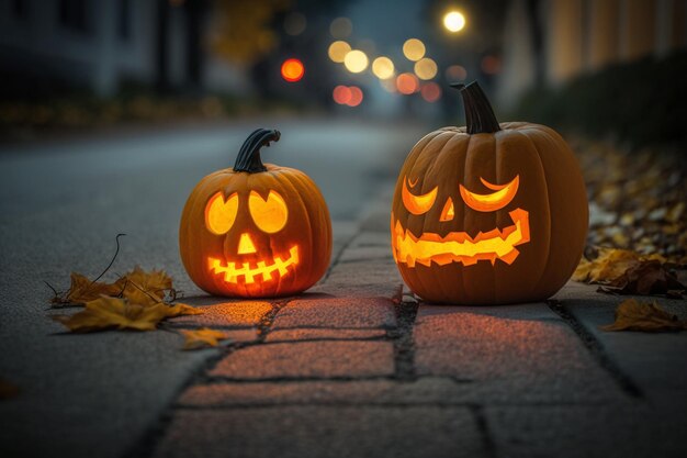 Na chodniku siedzą dwie dynie, z których jedna ma napis „halloween”.