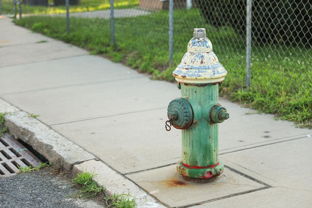 Na chodniku stoi hydrant przeciwpożarowy z graffiti.